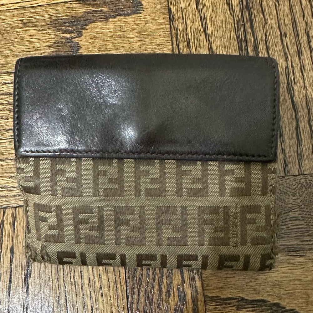 Authentic FENDI Zuccha Brown/Black Canvas Leather Small Wallet
